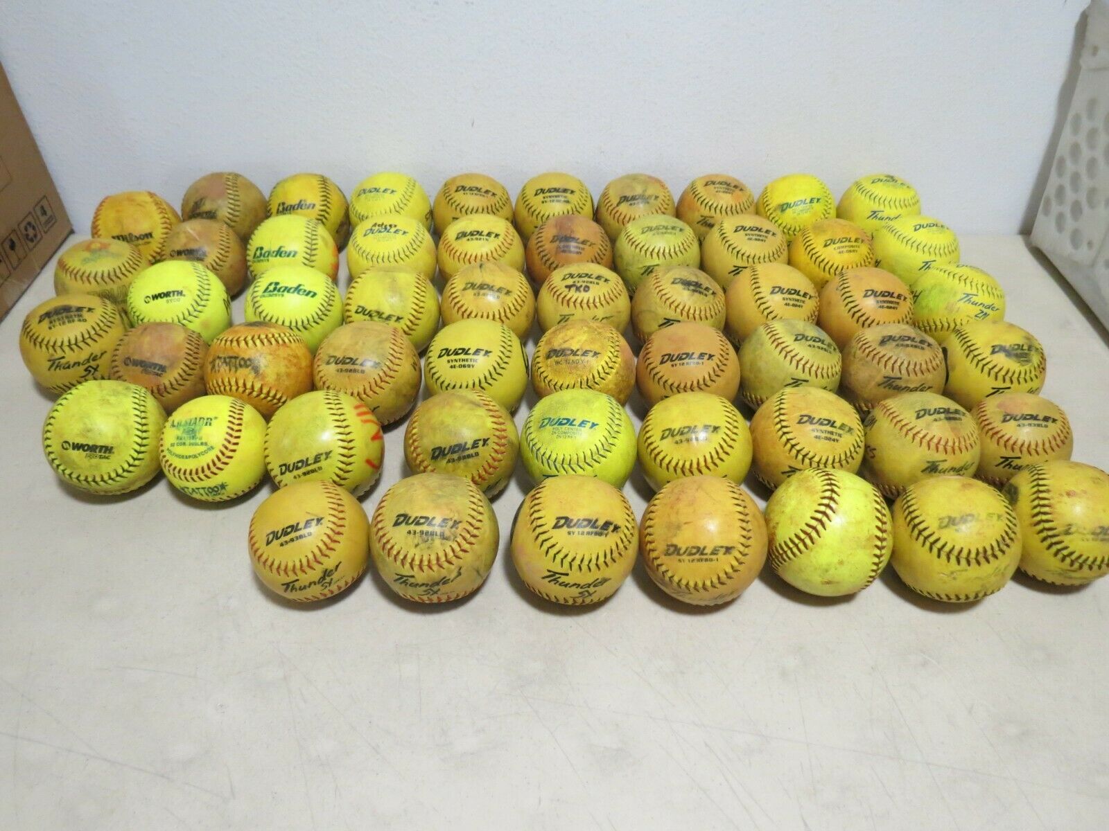 Huge Lot Of 55 Used Yellow Fast/slow Pitch Softballs Mixed Sizes Mostly Dudley