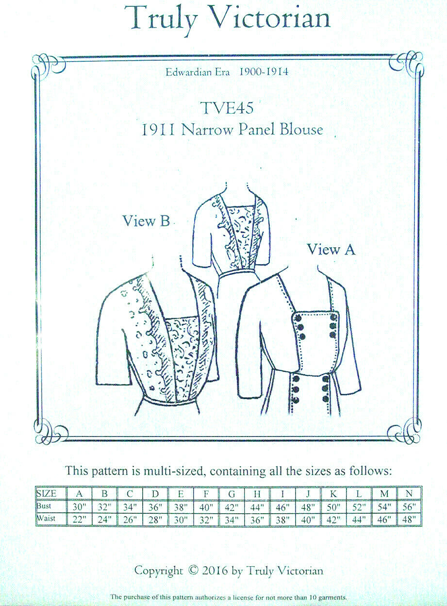 Truly Victorian Tve45 Edwardian Narrow Panel Blouse Cir 1900-1914 Sewing Pattern