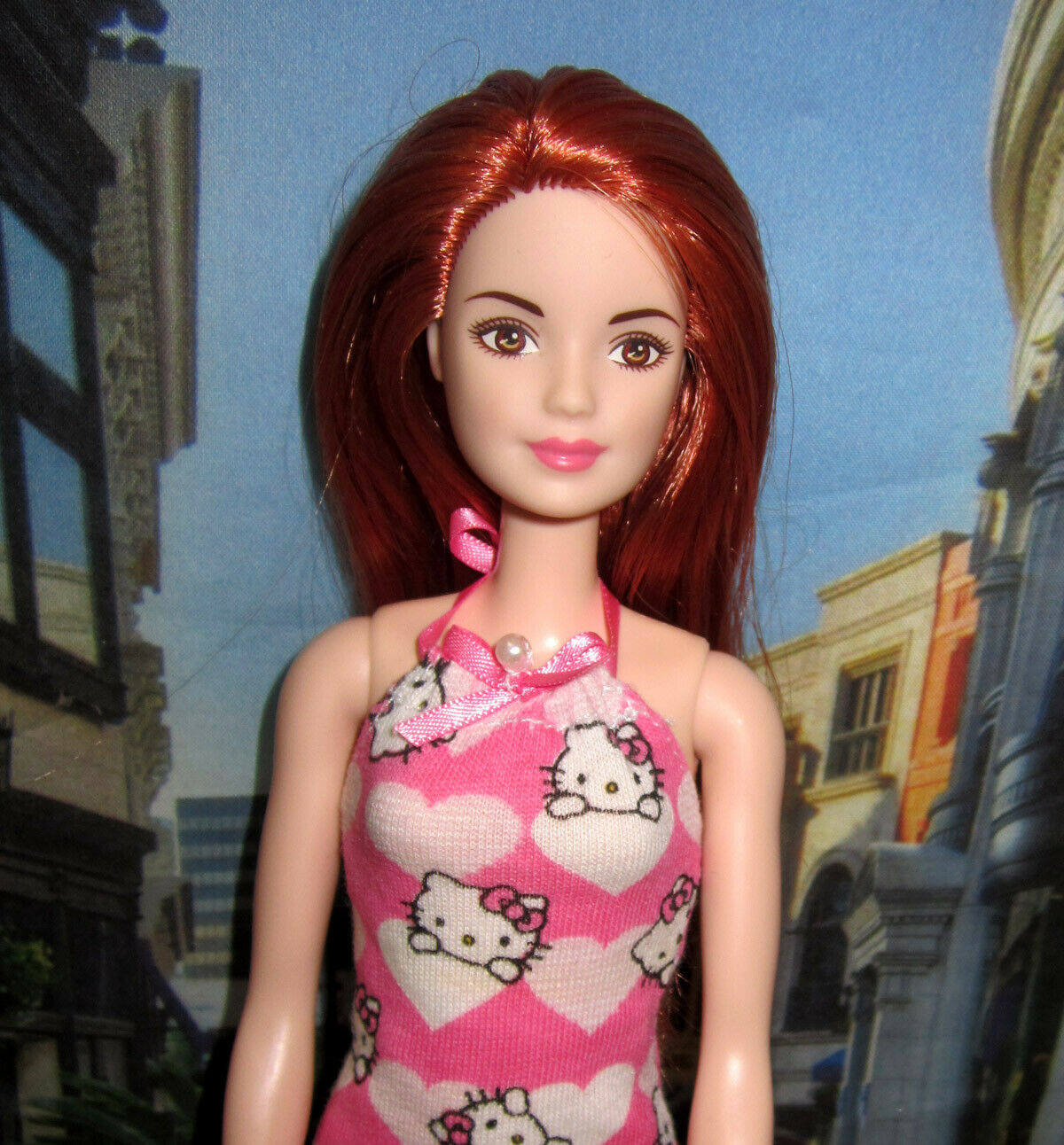 Redhead Barbie Fashionista Red Hair Doll Deboxed With Ooak Hello Kitty Dress New