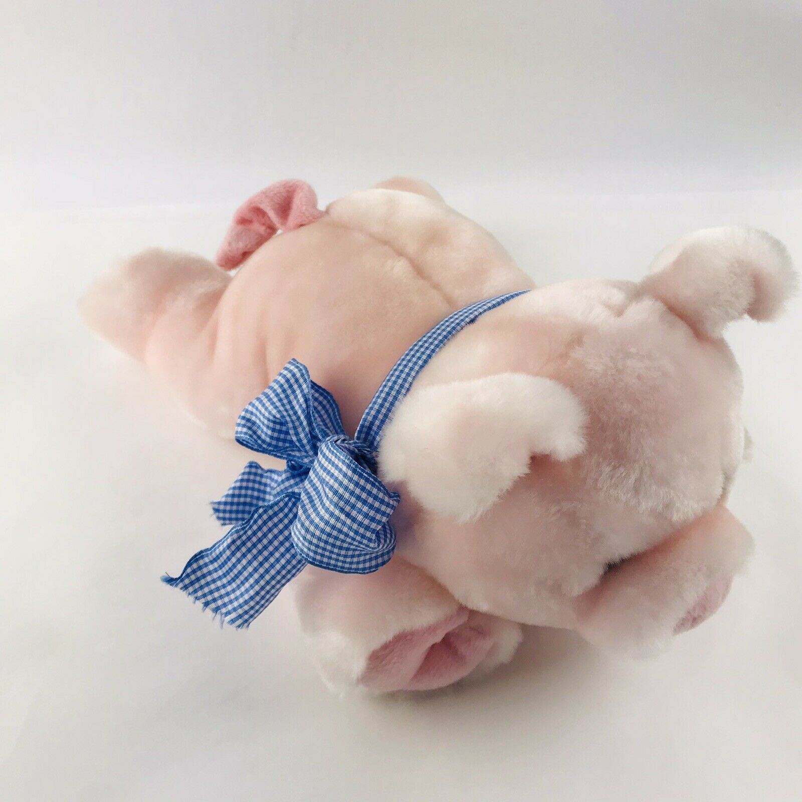 Cute Pink Pig Piggy Plush W/ Blue Ribbon 10" Laying Lying Down Pose Cottage Core