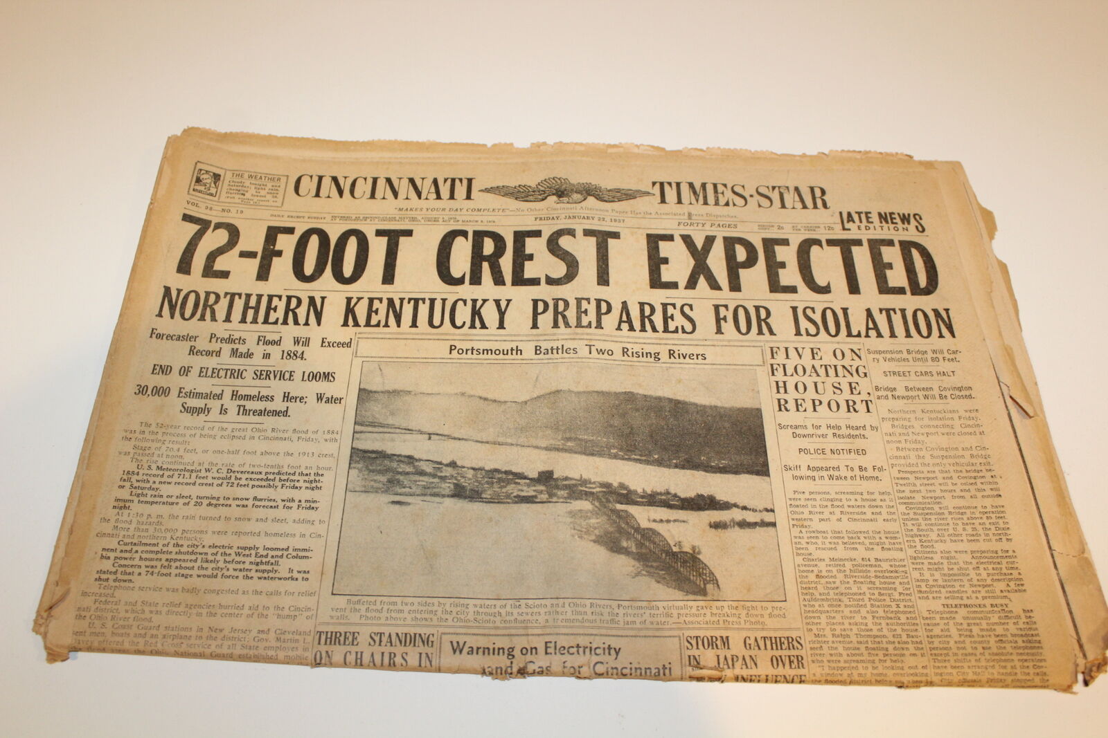 Vintage Newspaper Cincinnati Times Star January 22, 1937 Flood Waters
