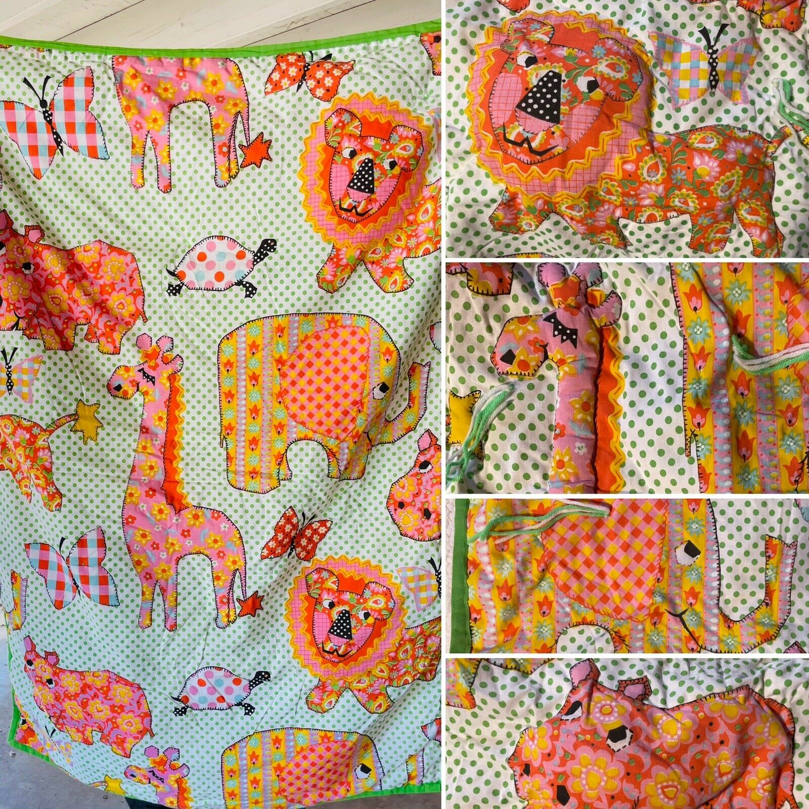 Vtg 70’s Baby Blanket Puffy Crib Quilt Tummy Time Animals Elephant Hippo 51x36”