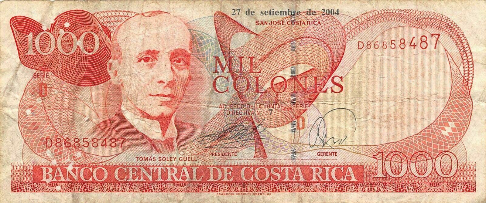 Costa Rica   1000  Colones  27.9.10.2004  Series  D 7  Circulated Banknote S518f