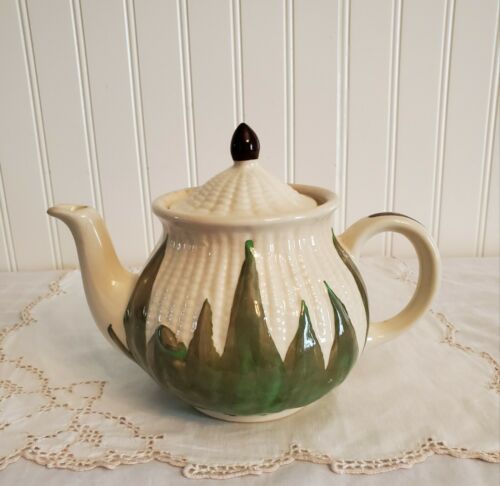 Vtg Shawnee Pottery White Corn King Teapot & Lid Raised Corn Design Green Shuck