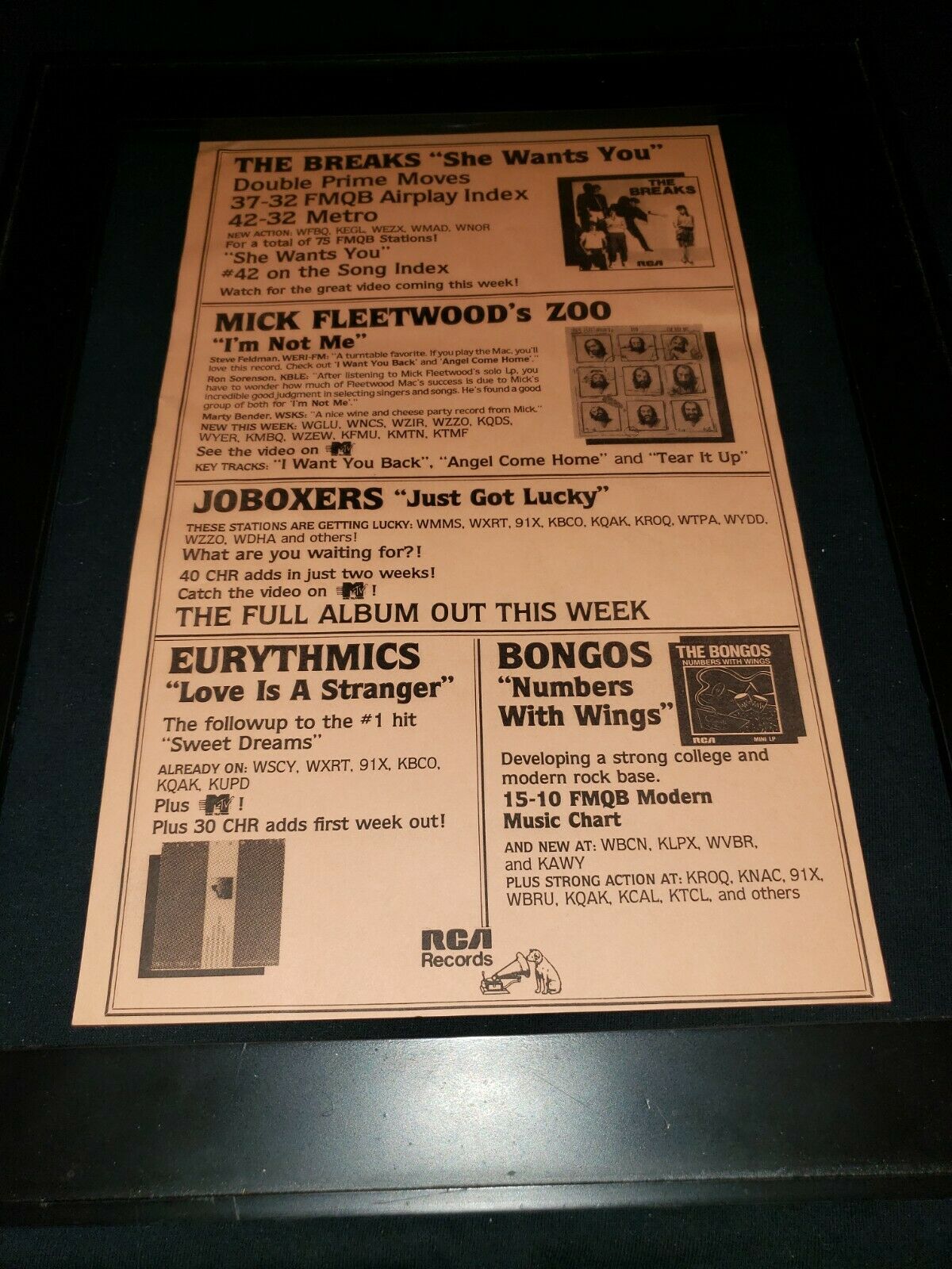 Eurythmics/joboxers/bongos/the Breaks Rare Radio Promo Poster Ad Framed!