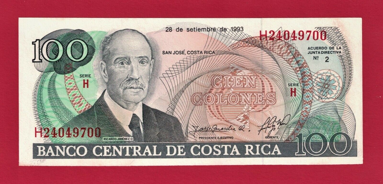 Rare 100 Cien Colones 1993 Costa Rica Unc Note (p-261a) 1st Issue In The Series