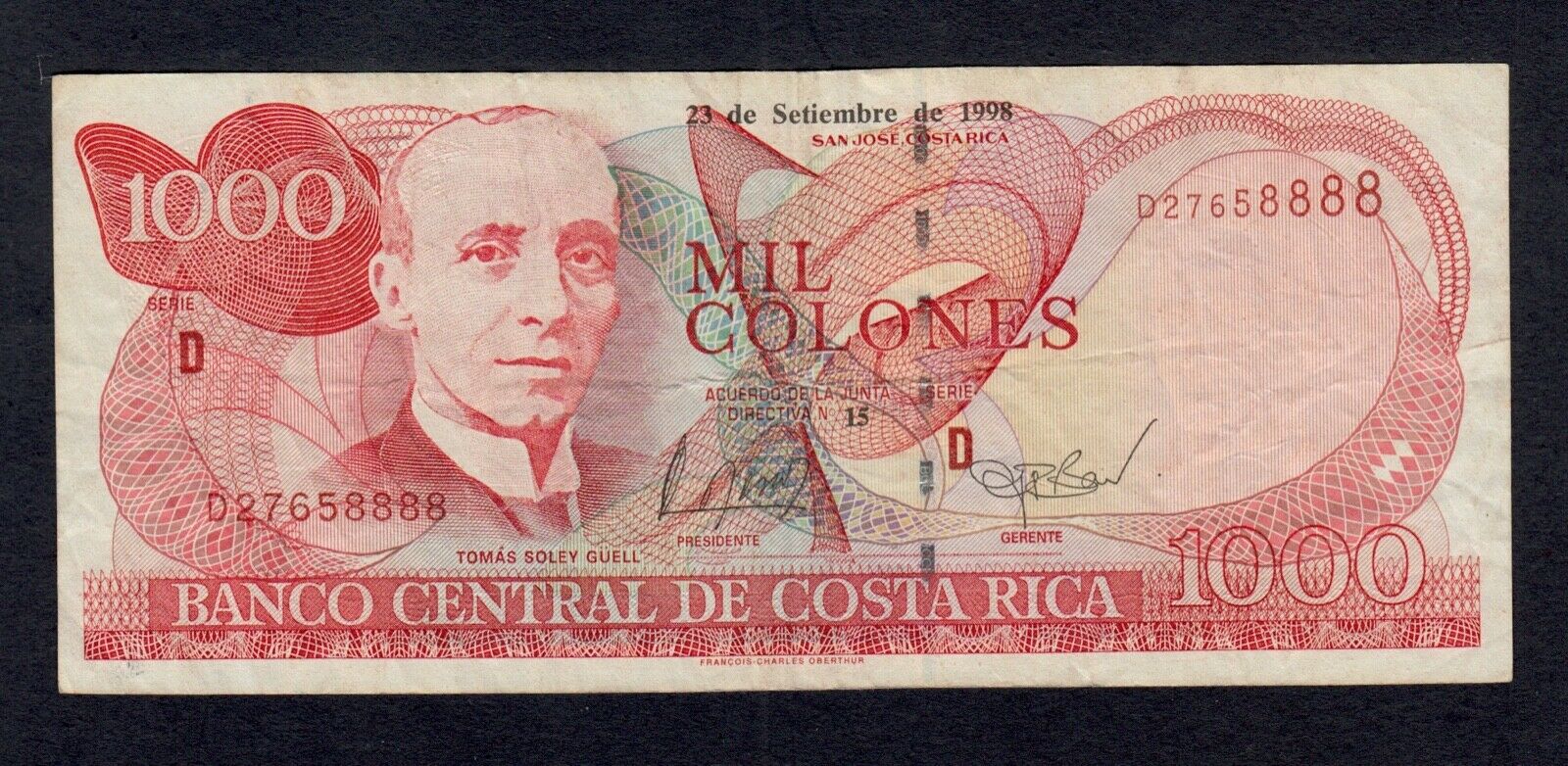 Costa Rica  1000 Colones  1998   Pick # 264b  F-vf.