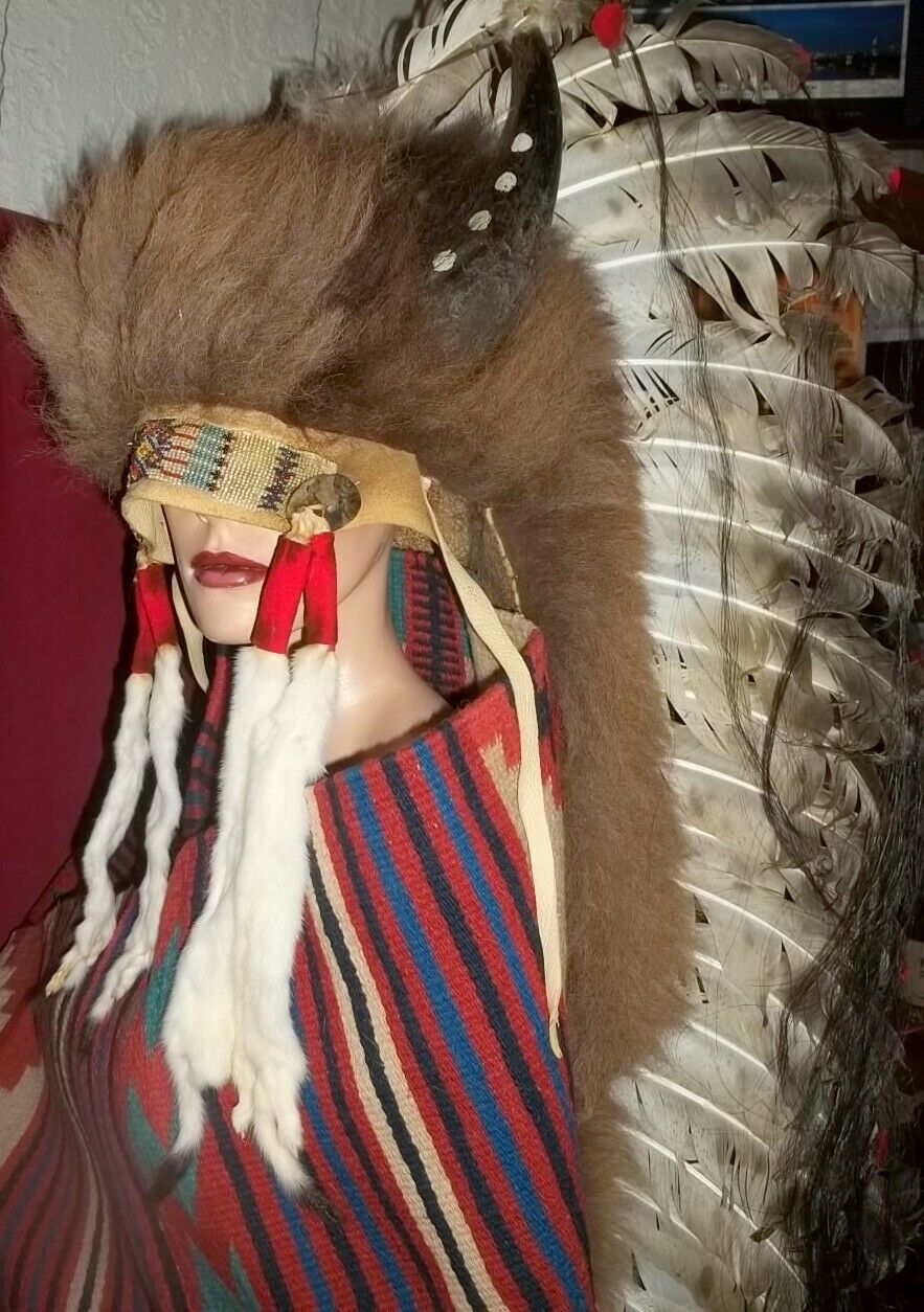 Vintage Sioux Native American Indian War Bonnet Buffalo To Tail Headdress Lqqk