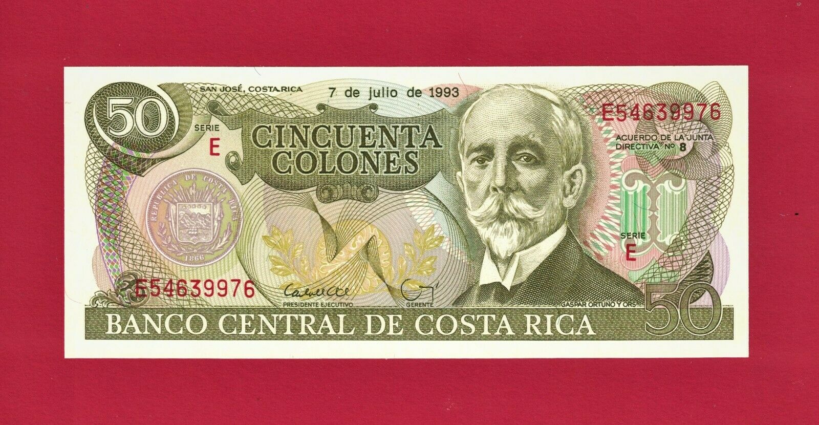 50 Cinquenta Colones 1993 Unc Costa Rica Note (p-257a.5) Last Issue In The Serie