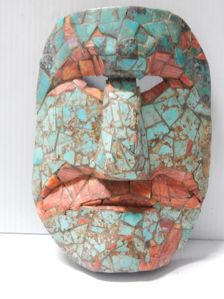 Vintage Mexican Mayan Wood Mask Turquoise + Soiny Oyster Inlay - A Show Piece !