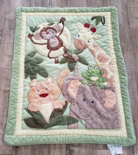 Crown Crafts Nojo Safari Jungle Plush Green Quilt Baby Blanket Monkey Elephant
