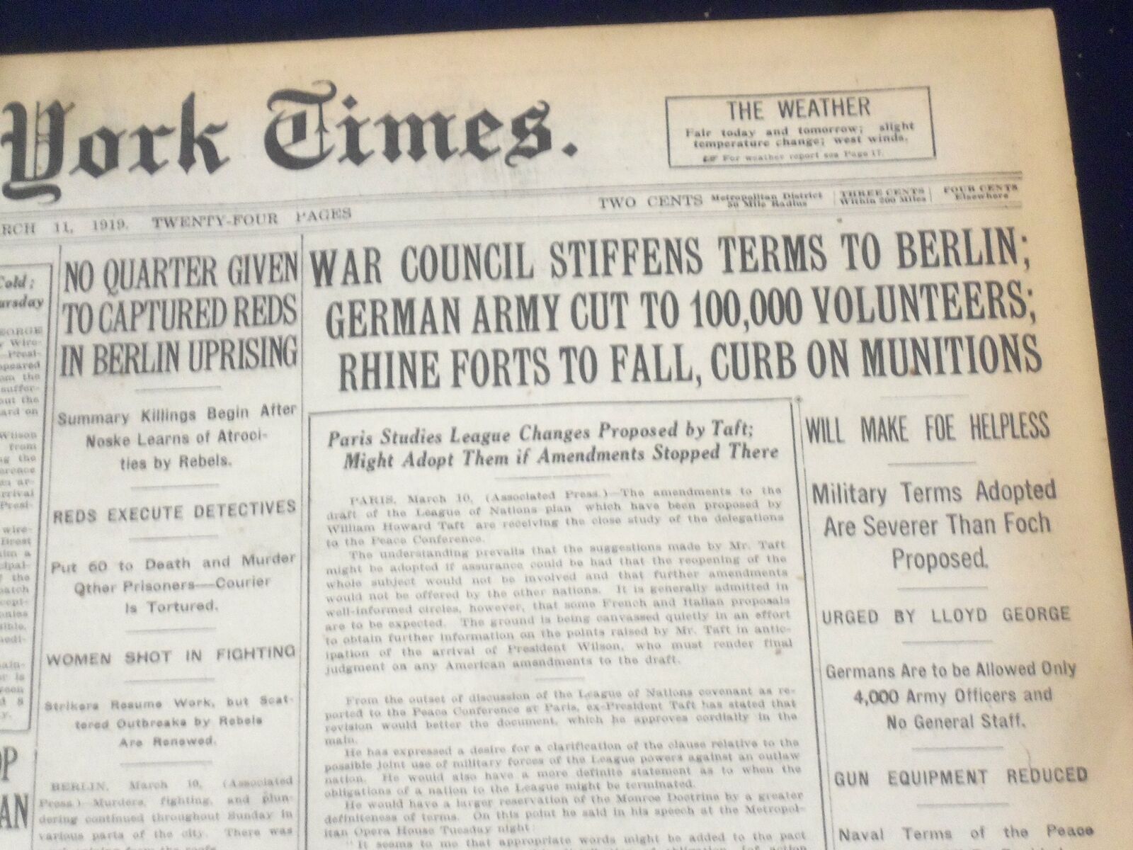 1919 March 11 New York Times - War Council Stiffens Terms To Berlin - Nt 9271