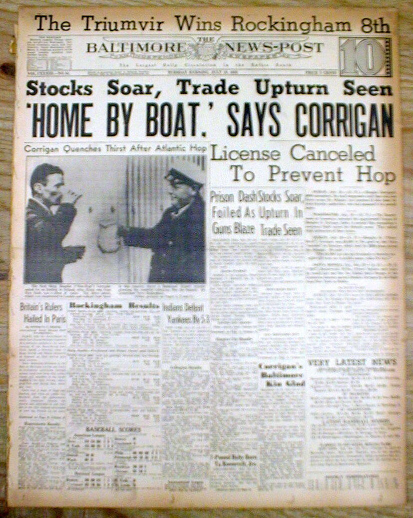 1938 Headline Newspaper "wrong Way" Douglas Corrigan Flys To Ireland By Mistake!