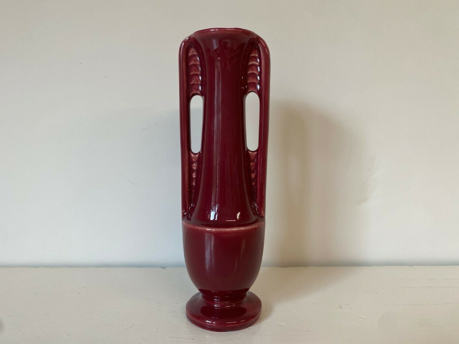Shawnee Art Pottery Double Handled Burgundy Bud Vase 1178