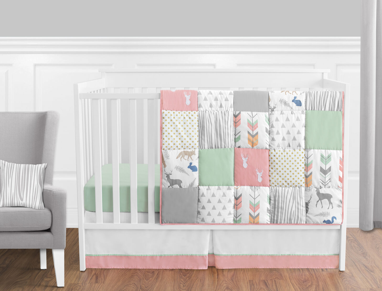 Bumperless Coral Mint White Grey Deer Forest Baby Girl Nursery Bedding Crib Set