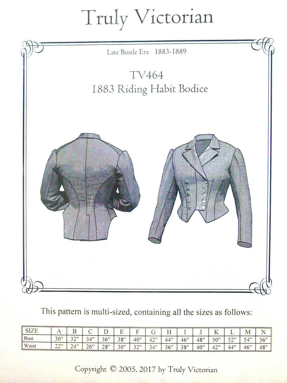 Truly Victorian  Sewing Pattern Tv464 For 1883-1889 Riding Habit Bodice  Uncut