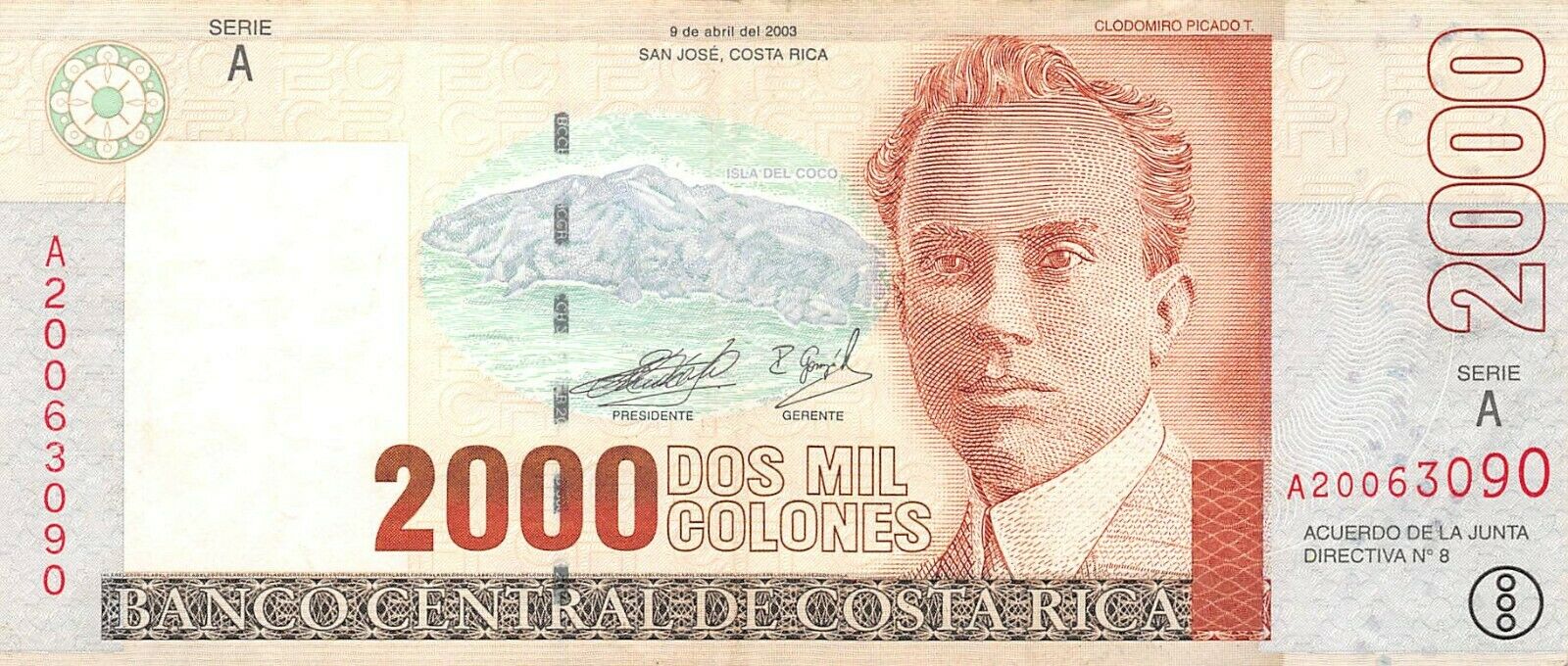 Costa Rica  2,000  Colones  9.4.2003  Series  A  Circulated Banknote G10