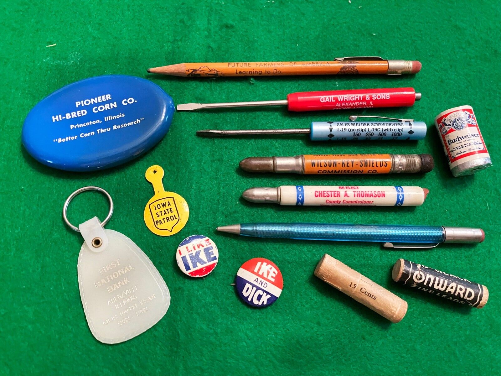 Vintage Advertizing Bullet Pencils Vintage Ike Pins Keychain Coin Purse