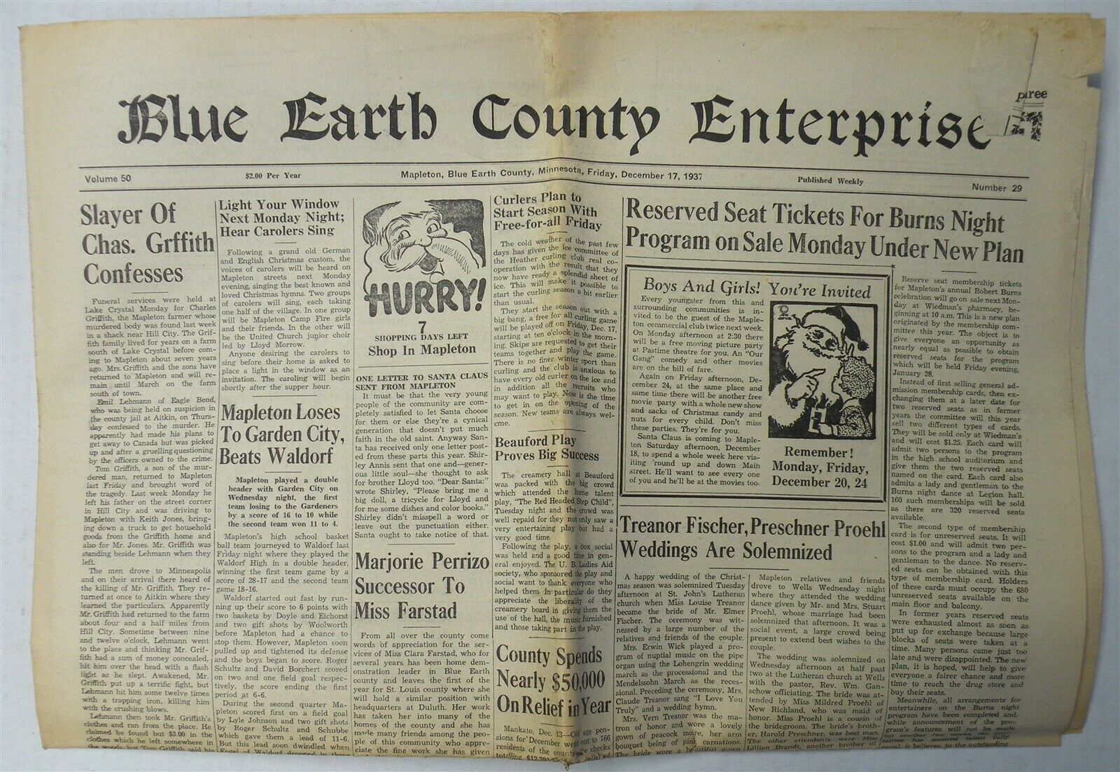 Blue Earth County Enterprise Newspaper Mapleton, Minnesota December 17, 1937