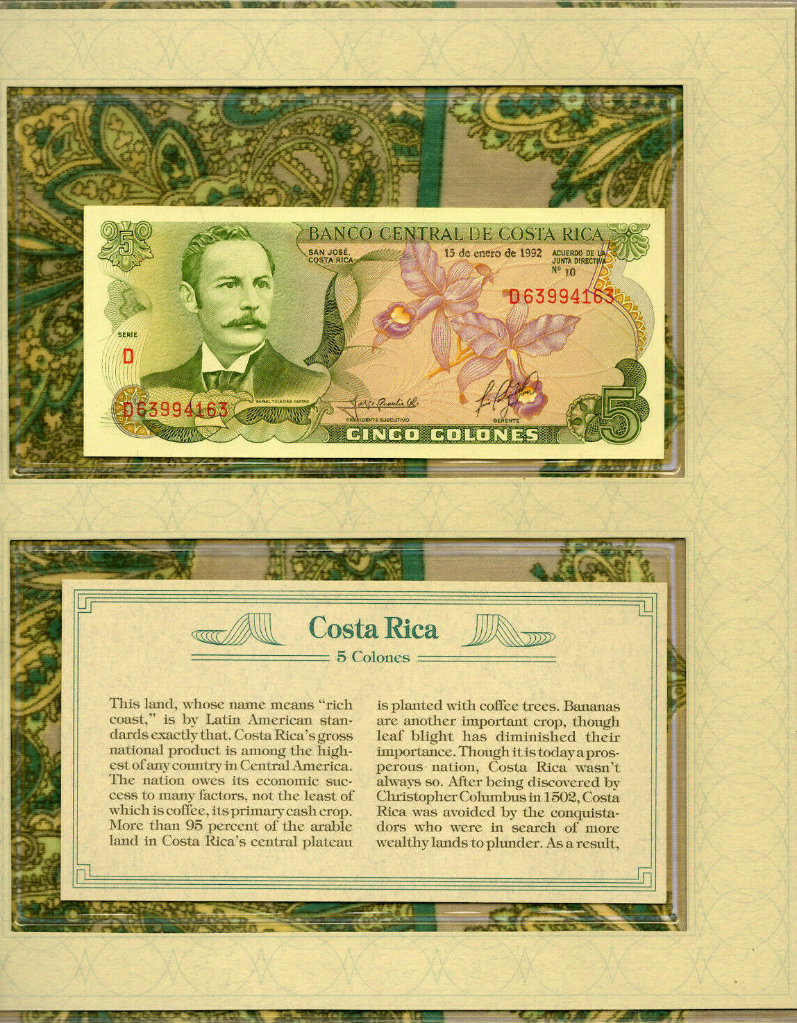 *most Treasured Banknotes Costa Rica 5 Colones 1992 P-236e.3 Unc D63994163