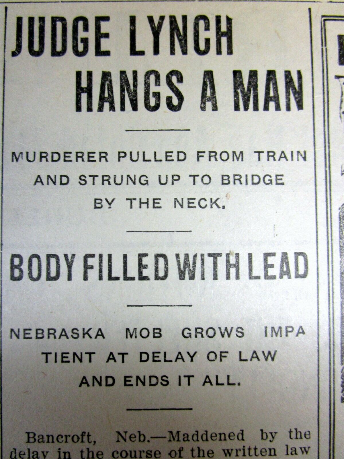 <1907 Newspaper Negr0 Pulled From Train Tied 2 Bridge Lynched Bancroft Nebraska