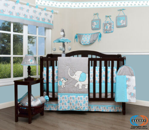 13pcs Blue Grey Elephant Baby Nursery Crib Bedding Sets  Holiday Special