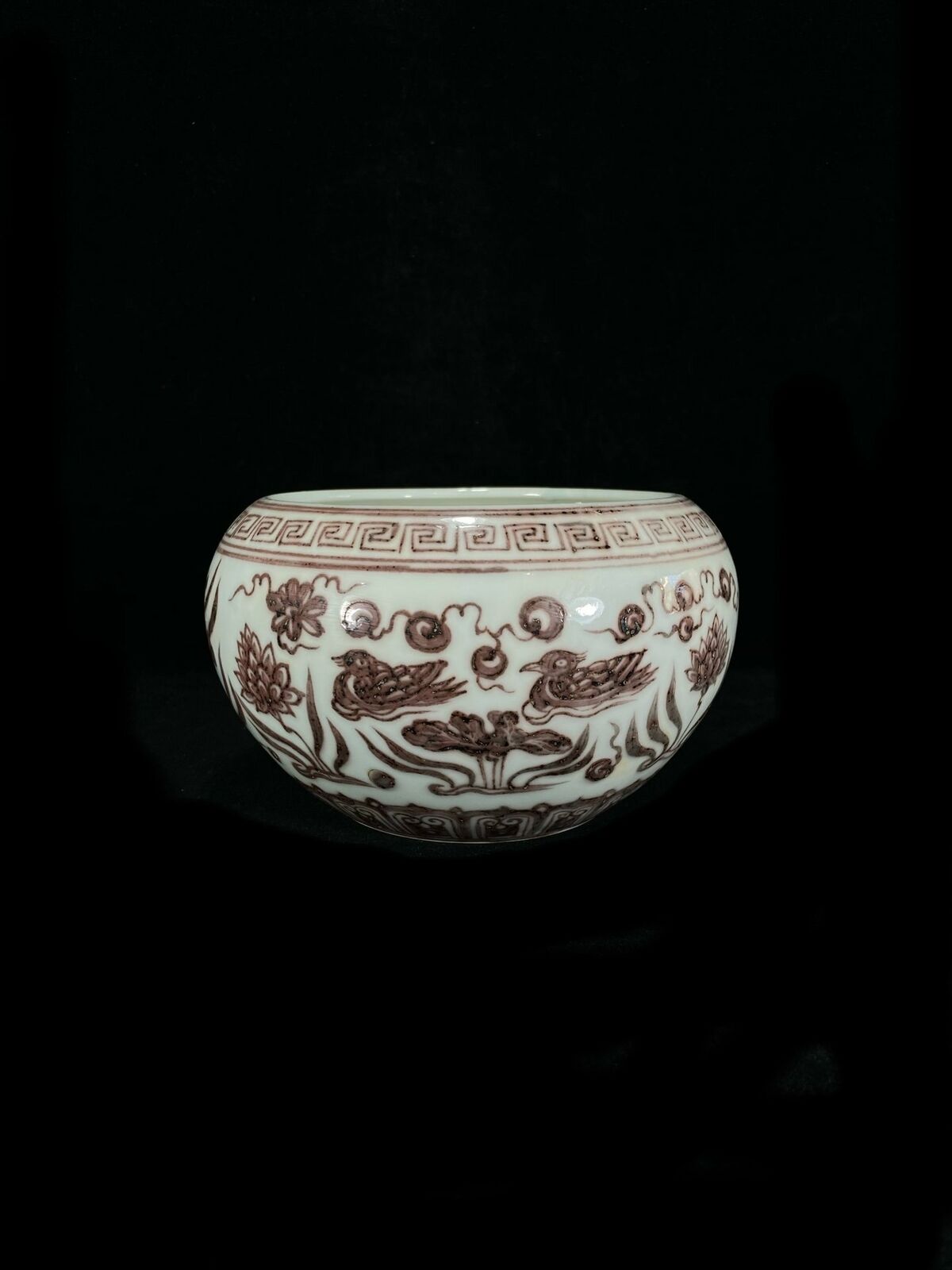 6.3" Ming Dynasty Xuande Mark Porcelain Underglaze Red Mandarin Duck Brush Wash