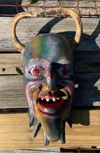 Authentic Aged Cultural Mask Wood Real Horns Magical Mask - Scarce