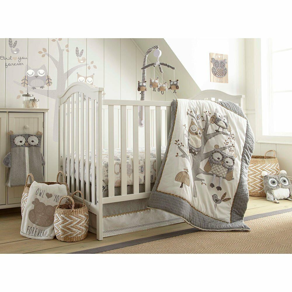 Levtex Baby Night Owl 5 Pc Crib Bedding Set + Bumper + Musical Mobile New