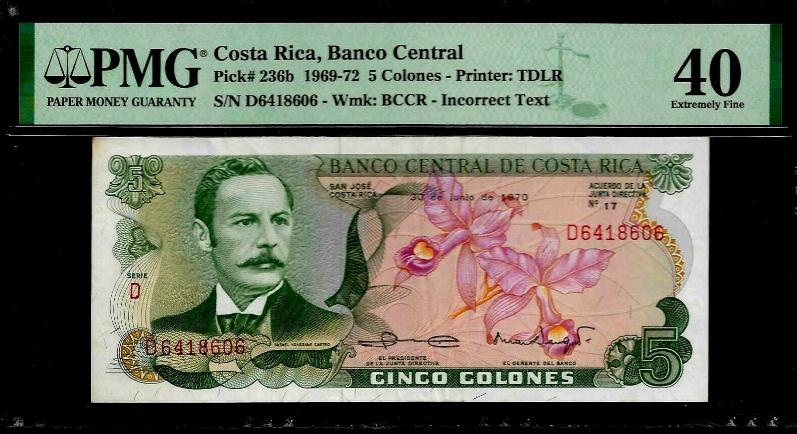 Costa Rica 5 Colones 1970  Pmg 40   Pick # 236b Incorrect Text