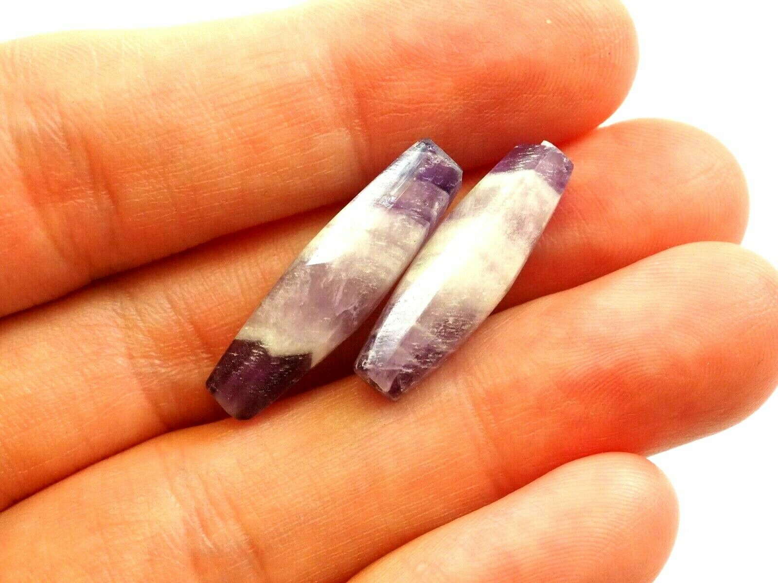 Antique Pair Of Old Amethyst Natural Gorgeous Banded Bicone Shape Beads Pyu