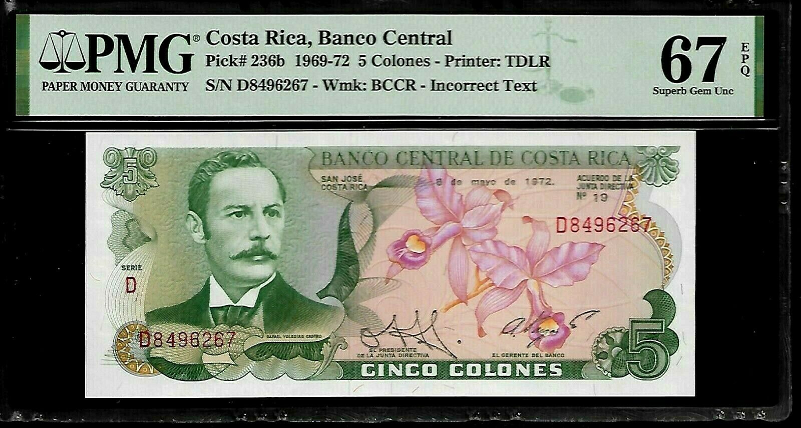 Costa Rica 5 Colones 1972 Pmg 67 Epq Unc Pick # 236b  Printer : Tdlr