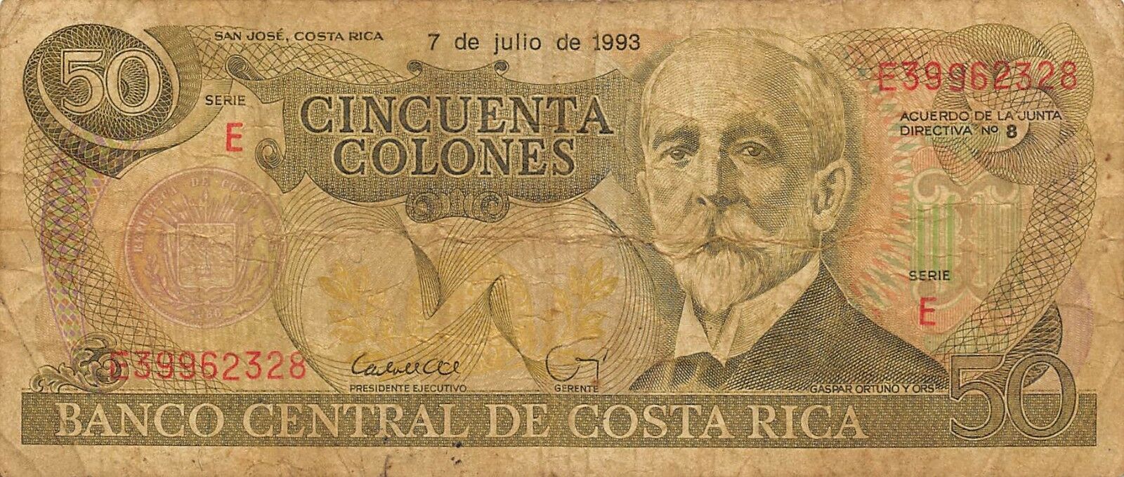 Costa Rica   50  Colones  7.7.1993  Series  E 8  Circulated Banknote  Bk818w