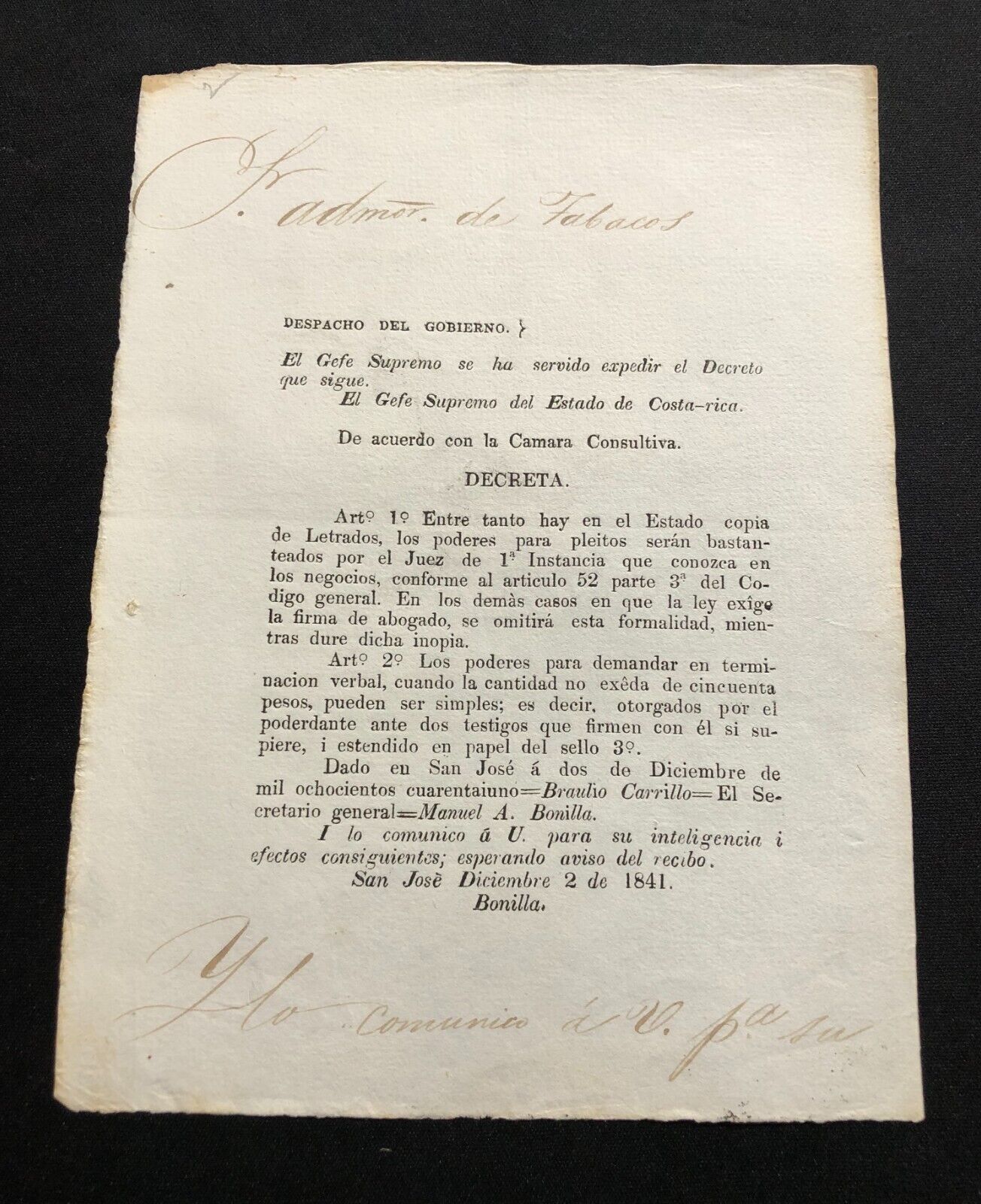 🇨🇷costa Rica 1841 Government Decree Sent To Factoria De Tabacos • Lot6