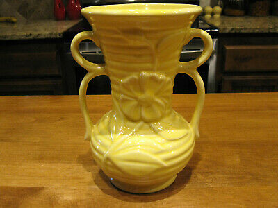 Vintage Shawnee Art Pottery Vase Yellow Floral Embossed Ivy Double Handled Usa