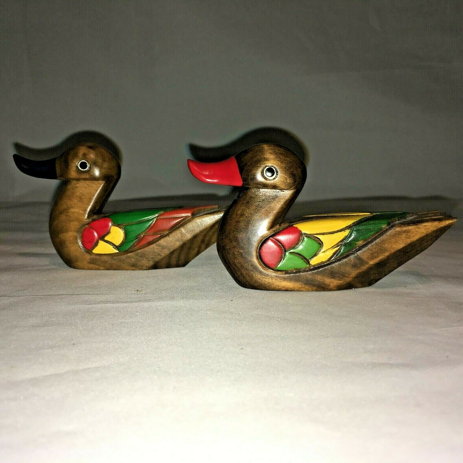 2 Vintage Carved, Painted Wooden Ducks Folk Art Rustic Simplistic Not Realistic