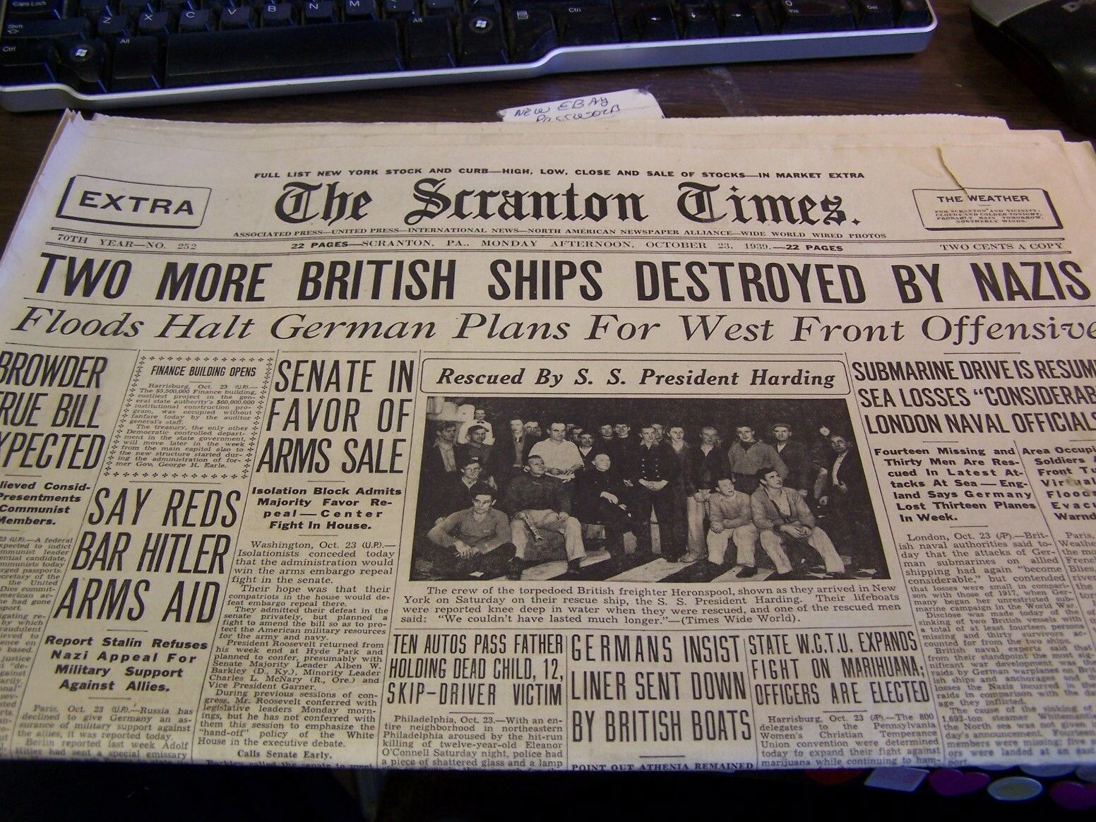 Original Lot - Scranton Times October 1939 - 8 Complete First Pages - Wwii