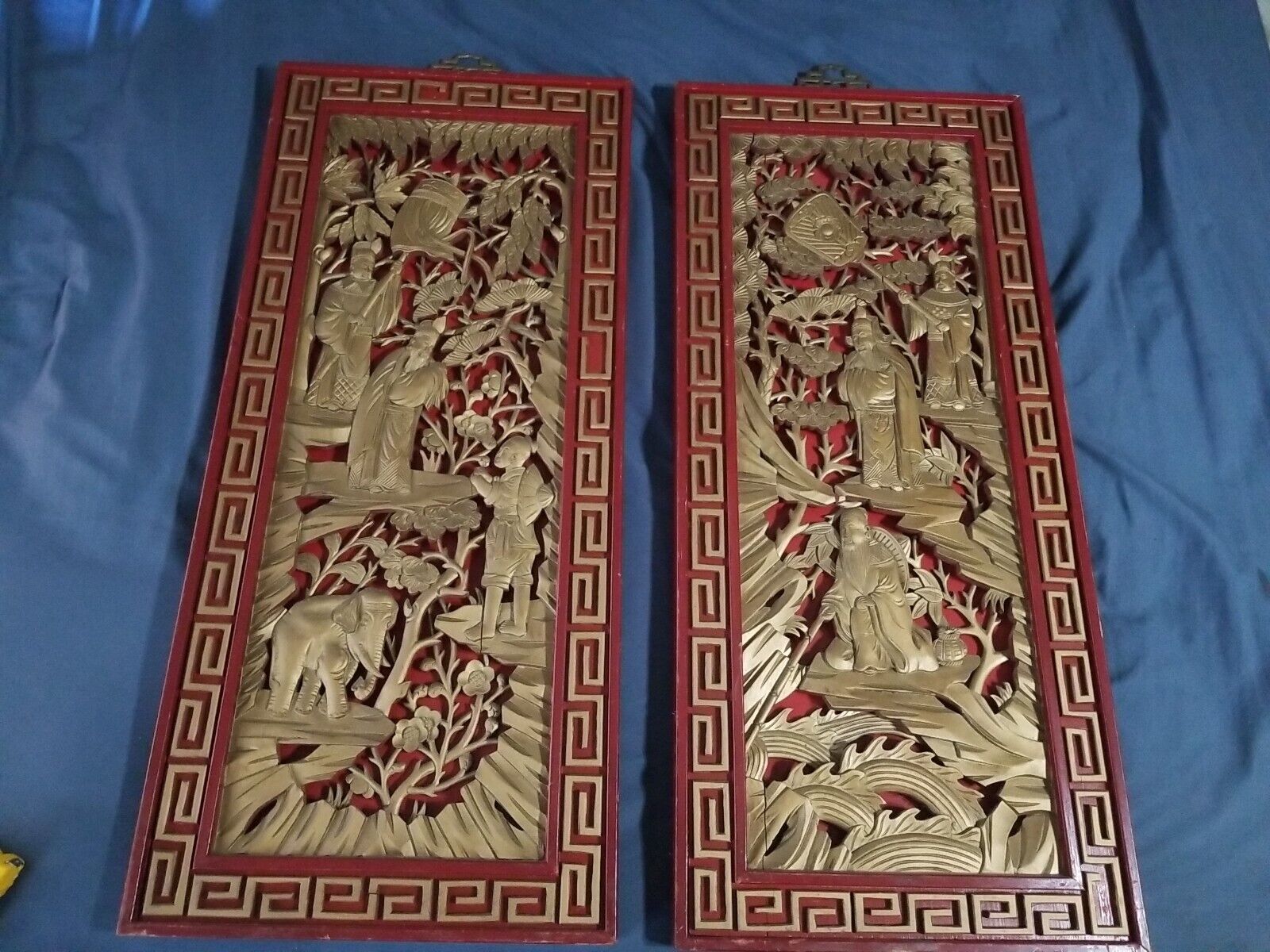 Pair Antique Chinese Carved Wood Panels Red Gold
