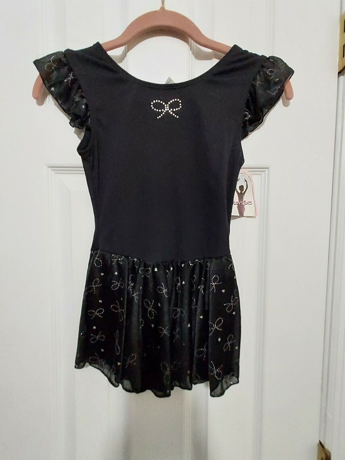 Jacques Moret Leotard W/ Skirt~black W/sparkly Bows~ruffle Cap Sleeves~sz Large