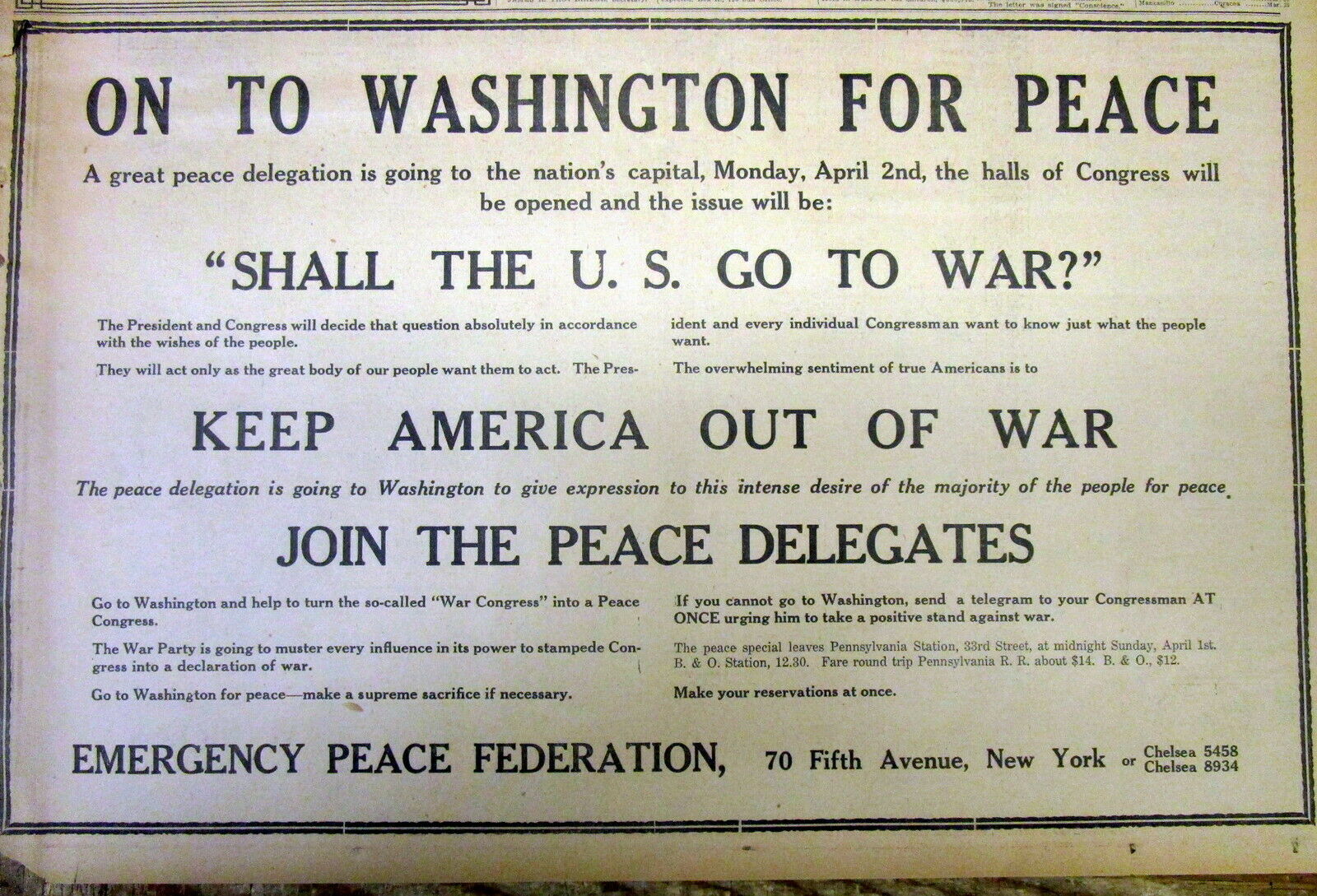 1917 Anti-war Ad Against The Us Entering Into Ww I In A New York City Newspaper