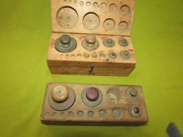 Antique Brass Scale Weights & Wood Storage Box, Apothecary Weights, Grams, Lotx2