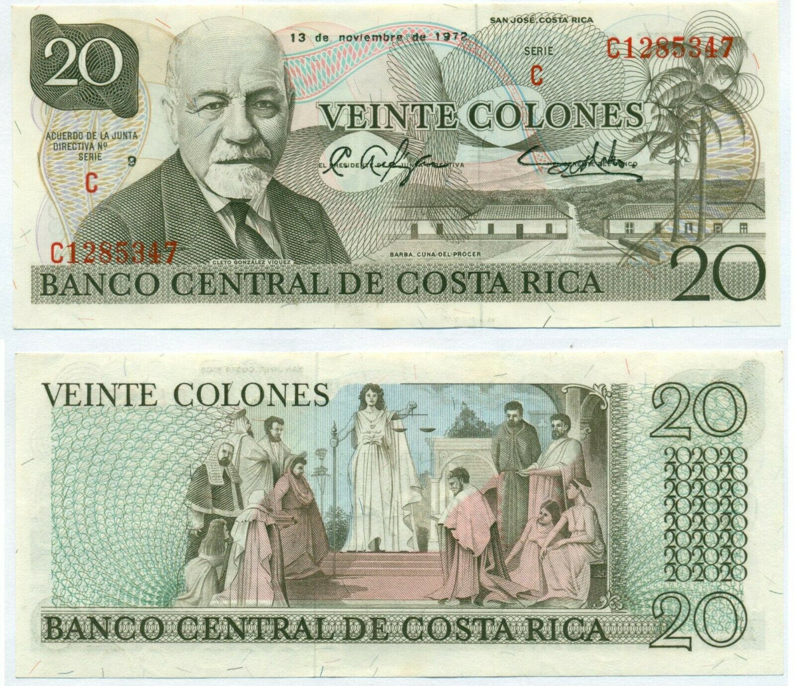 Costa Rica Note 20 Colones 13.11.1972 P 238b Unc