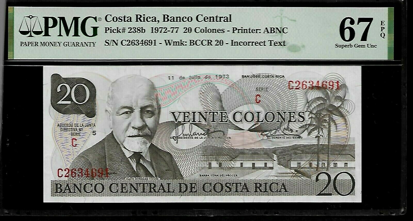 Costa Rica 20 Colones 1973  Pmg 67 Epq Unc Pick # 238b Pmg Population 13/1