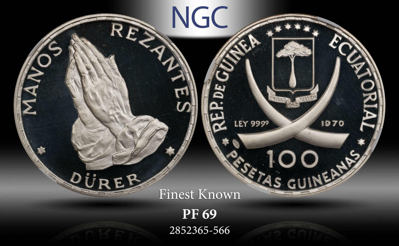 1970 Eq. Guinea Silver 100 Pesteas "durer's Praying Hands" Ngc Pf69 Finest Known