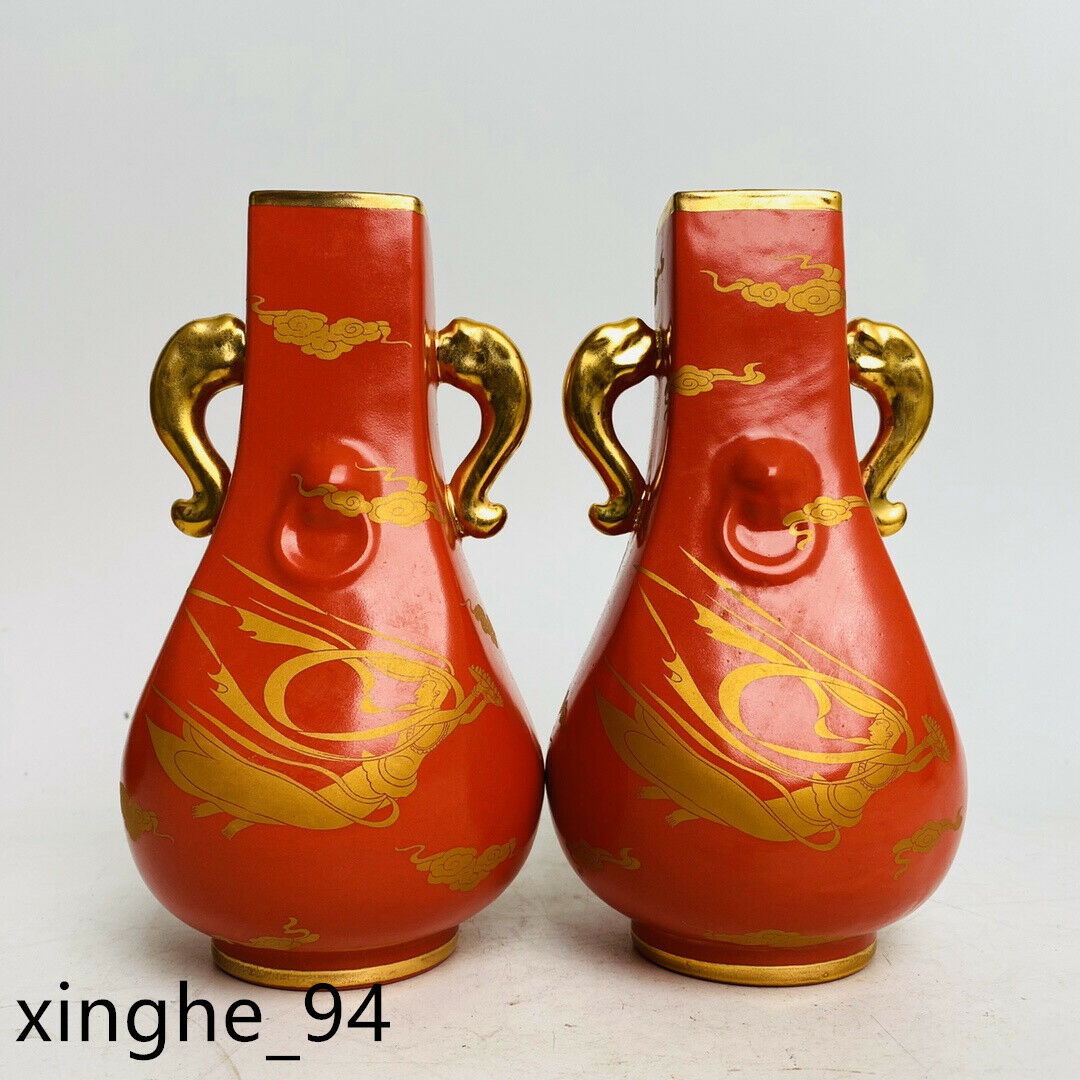 7.5" Ancient Song Dynasty Porcelain Ru Kiln Mark Red Gilt Beauty Double Ear Vase