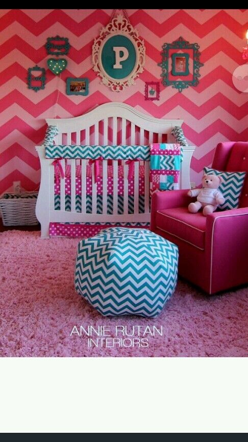 Crib Bedding Baby Bedding Bumperless- Turquoise Teal Chevron And Hot Pink Dots