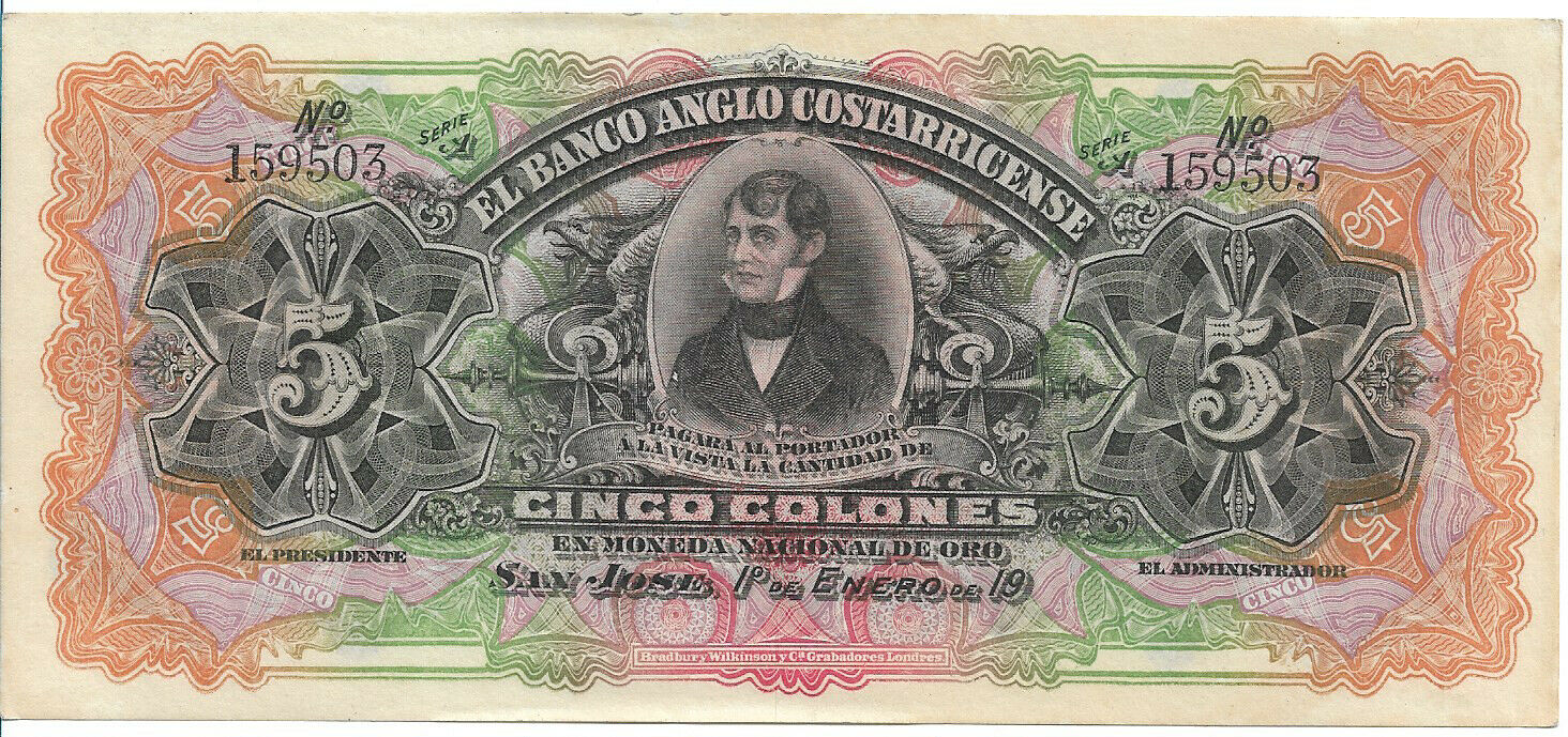 1917 Costa Rica Cinco Colones  English Costa Rica Bank 1013