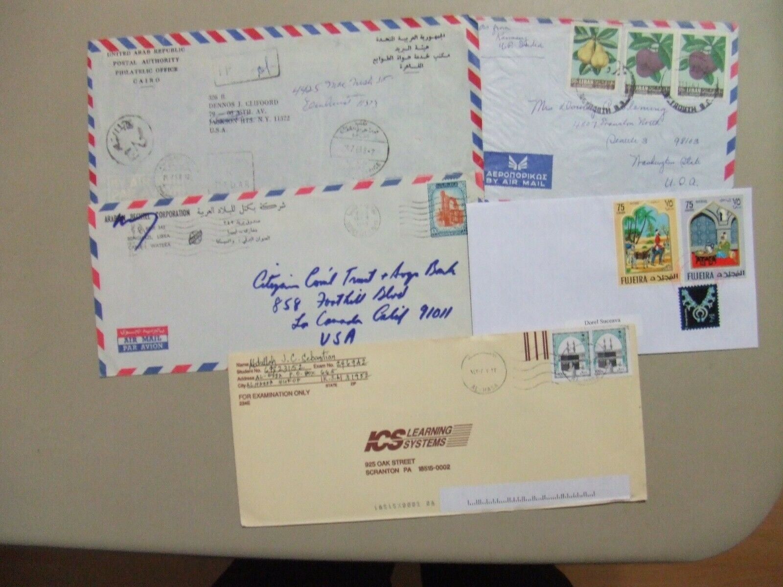 Five Middle East Covers:s.arabia,lebanon,lybia,fujeira,egypy Postal Stationery